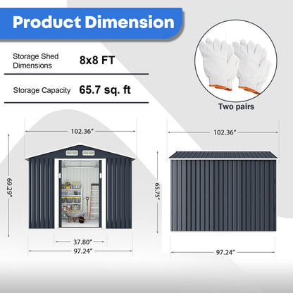 JAXPETY 8 x 8 FT Outdoor Storage Shed Metal Garden Sheds & Outdoor Storage with Sliding Doors for Backyard, Patio, Lawn (Gray, 8'x8') Gray 8x8