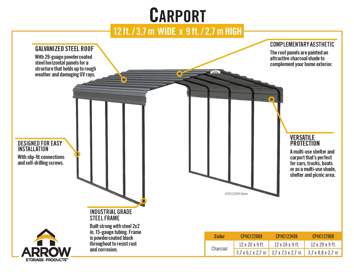 Arrow Carport, 12 ft. x 24 ft. x 9 ft. Charcoal 12' x 24' x 9'