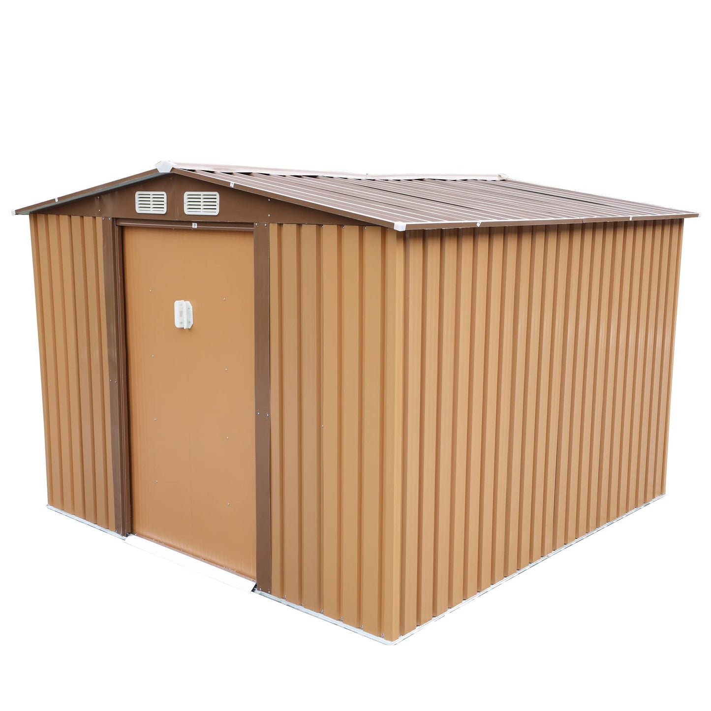 NBTiger Grand abri de rangement extérieur de 2,4 x 2,4 m, outil utilitaire robuste, organisateur d'équipement de tondeuse à gazon pour jardin avec toit à pignon, porte coulissante verrouillable, cadre de sol, aérations – Marron 