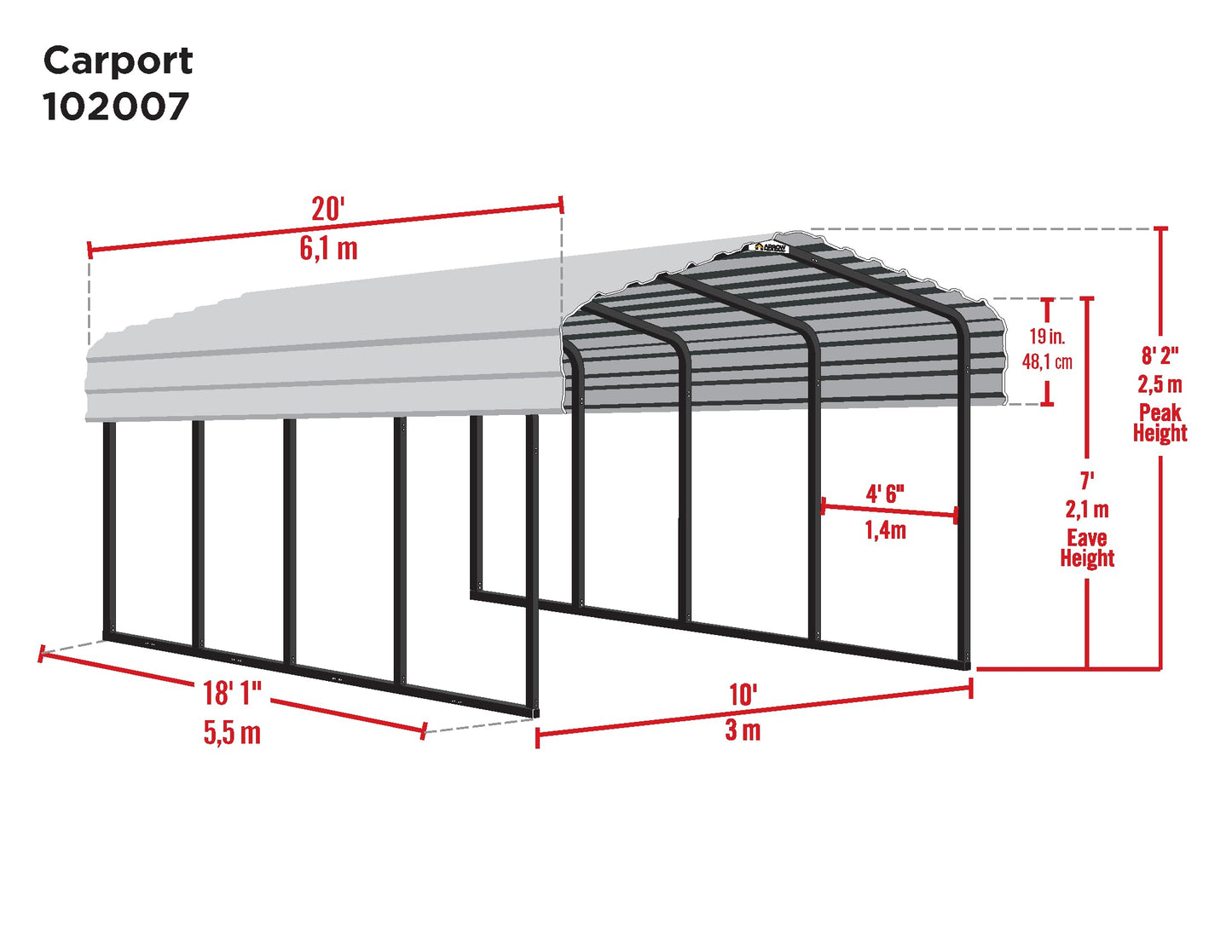Arrow Shed 10' x 20' x 7' Carport Car Canopy with Galvanized Steel Horizontal Roof, Garage Shelter for Cars and Boats, Eggshell Carport Only 10' x 20' x 7'