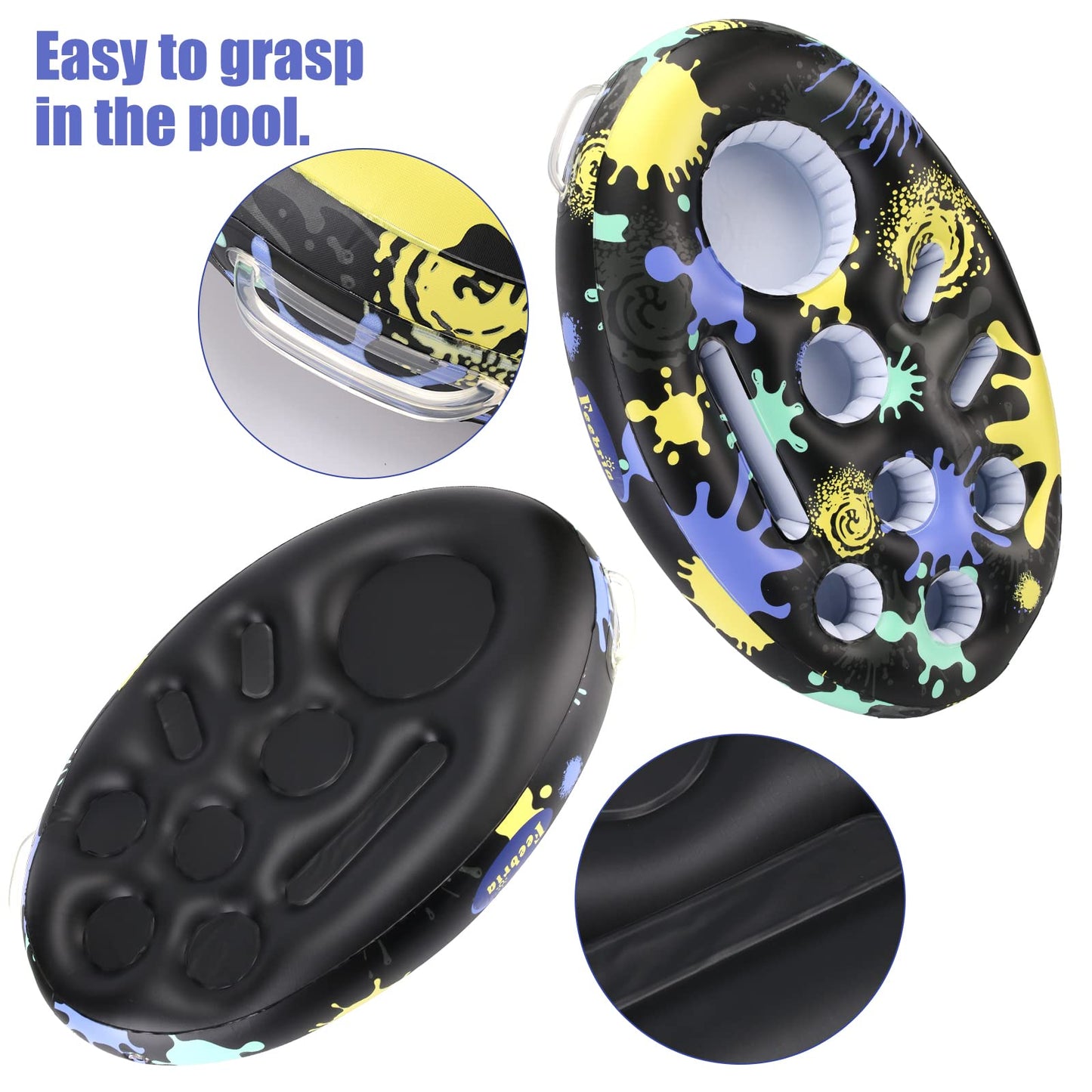 FEEBRIA Inflatable Floating Drink Holder with 9 Holes Large Capacity Drink Float for Pools & Hot Tub (Black&Yellow) Black&Yellow