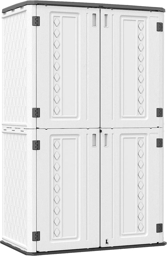 Outdoor Storage Shed,KINYING Outdoor Storage Cabinet Waterproof with Double Doors,52 Cu.ft Resin Vertical Tool Shed for Garden,Patio,Backyard,4×2.5×6.6 FT Off White Shed-04D