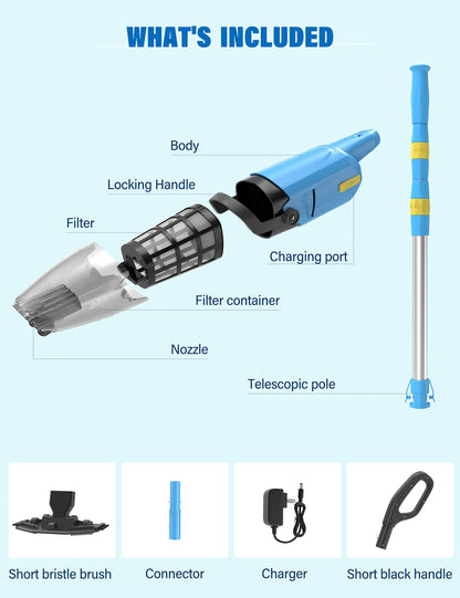 Aspirateur de piscine portatif Efurden, nettoyeur de piscine rechargeable avec durée de fonctionnement jusqu'à 60 minutes, idéal pour les piscines hors sol, les spas et les bains à remous pour le sable et les débris, bleu