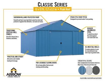 Arrow Sheds Classic Hangar de rangement extérieur cadenassable en acier de 12 pi x 12 pi, charbon de bois 