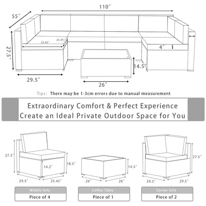 ALAULM Ensembles de meubles de patio extérieur 7 pièces, canapé sectionnel de patio - Gris 