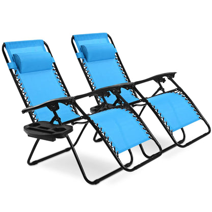 Goplus Zero Gravity Chaise, Chaise Longue Inclinable Pliante Réglable avec Oreiller et Porte-gobelet, Patio Pelouse inclinable pour Piscine Extérieure Camp Yard (Ensemble de 2, Bleu Clair) ensemble de 2