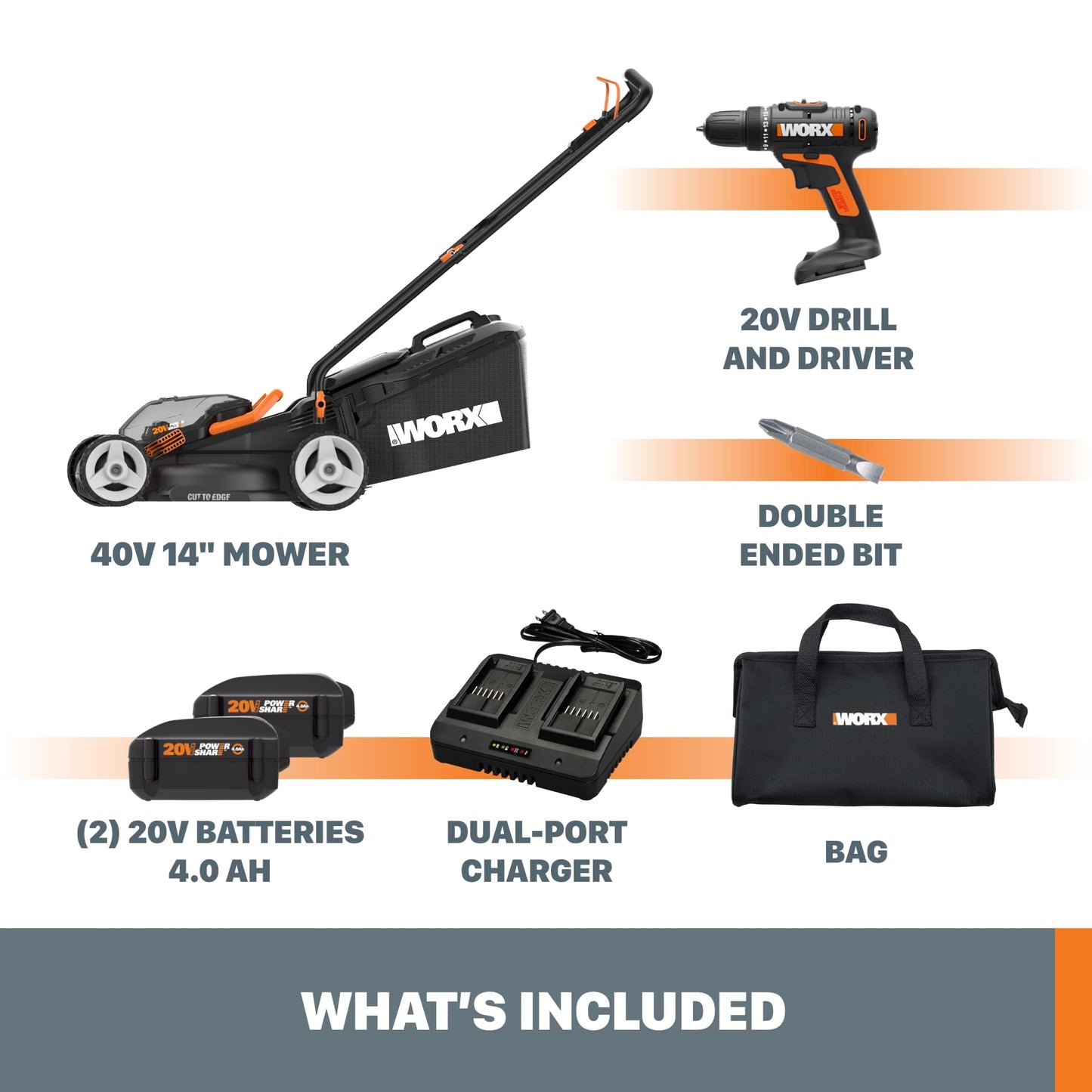 Worx 40 V Power Share Yard et kit d'outils 35,6 cm 40 V 40,0 Ah Batteries incluses + perceuse/visseuse tondeuse + perceuse/visseuse 