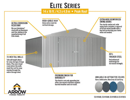 Arrow Shed Elite Hangar de rangement extérieur en acier avec toit à pignon verrouillable, gris froid, 14' x 16' 