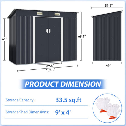 JAXPETY Abri de rangement de jardin de 4,2' x 9,1', abri de rangement extérieur en acier galvanisé avec quatre aérations et porte verrouillable, rangement extérieur dans le jardin pour tondeuse à gazon, vélo, poubelle, outils 