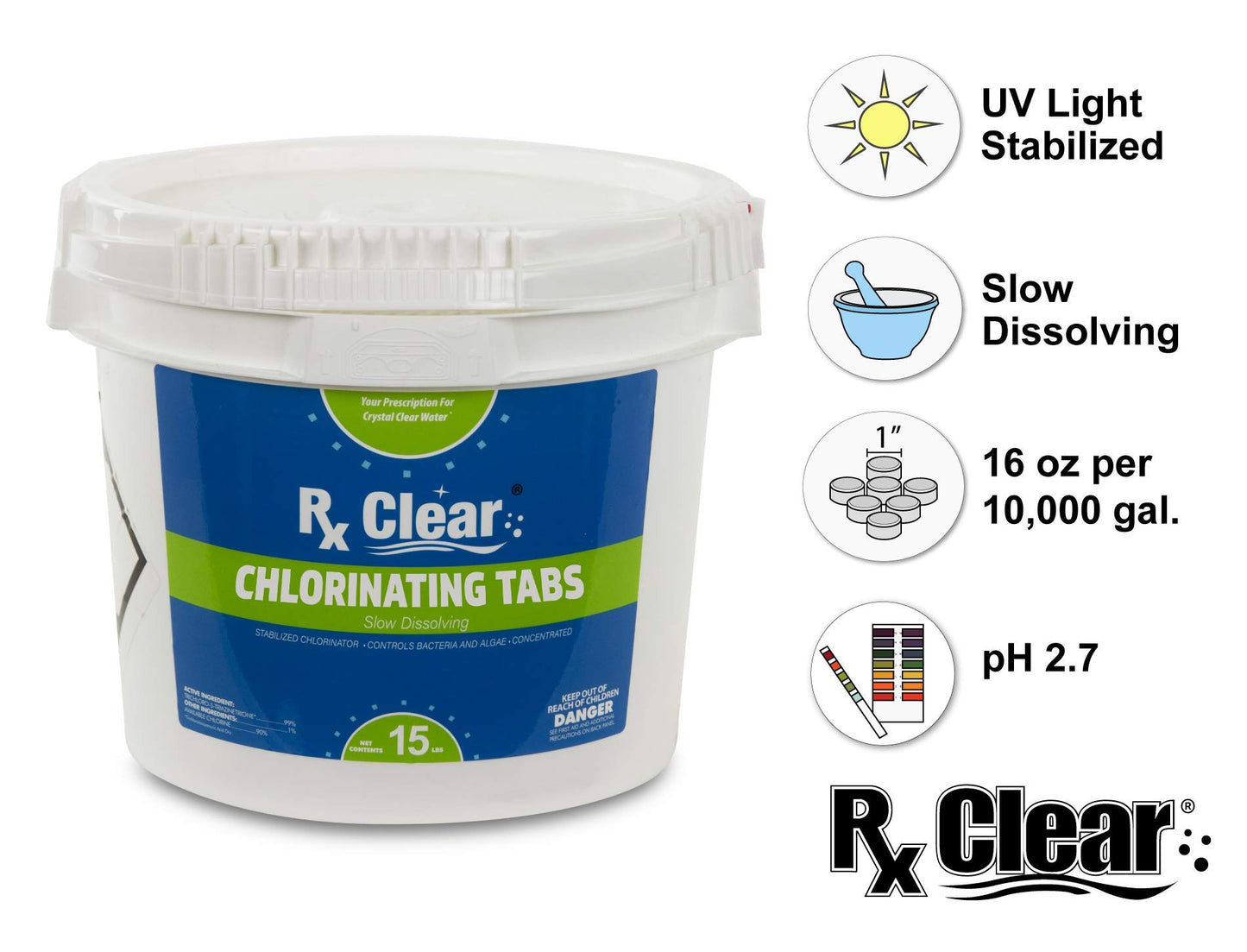 Rx Clear 1-Inch Stabilized Chlorine Tablets | Use As Bactericide, Algaecide, and Disinfectant in Swimming Pools and Spas | Slow Dissolving and UV Protected | 15 Lbs
