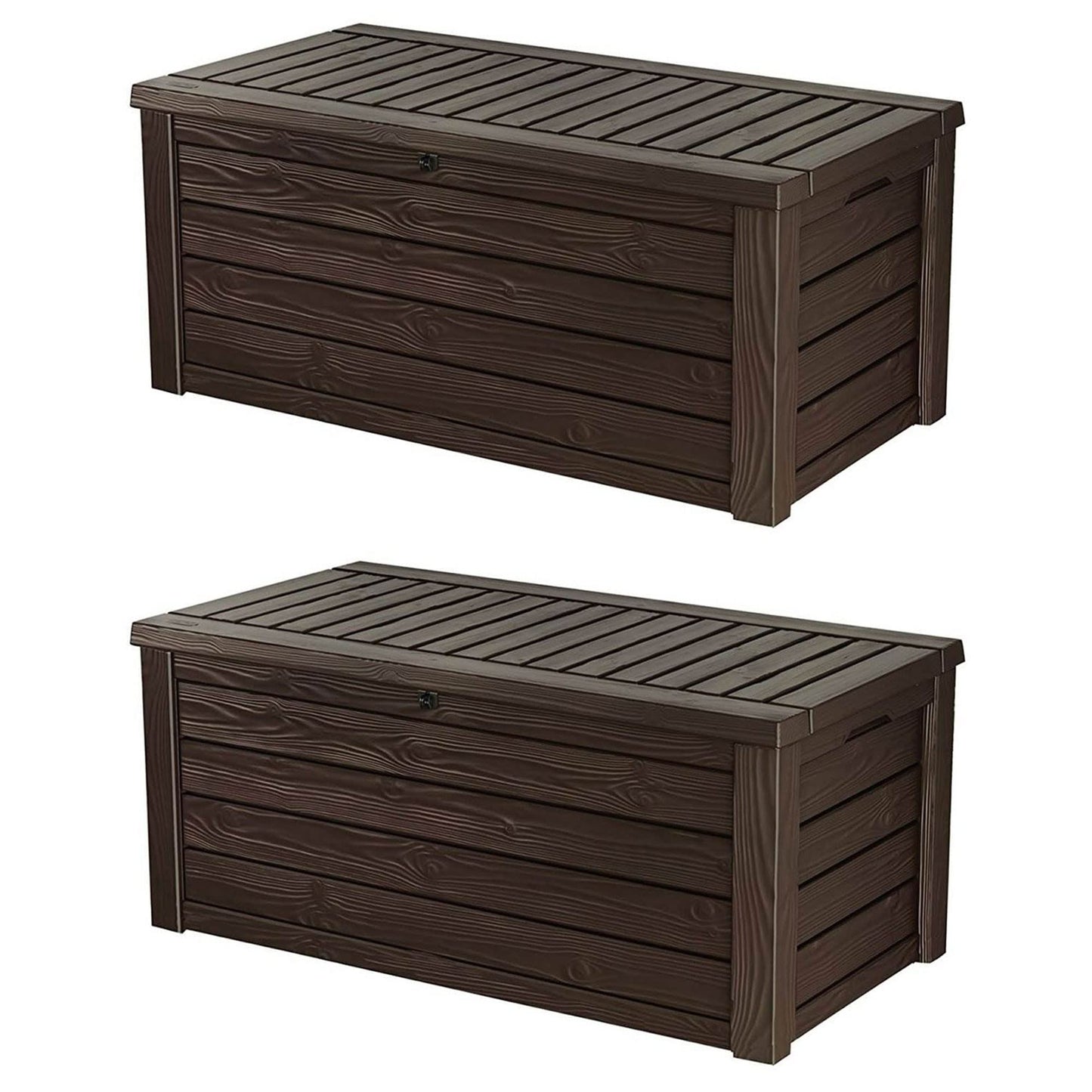 Keter Westwood Boîte de rangement d'extérieur en résine de 150 gallons pour meubles de patio, jouets de piscine et outils de jardin avec banc, marron (lot de 2) 