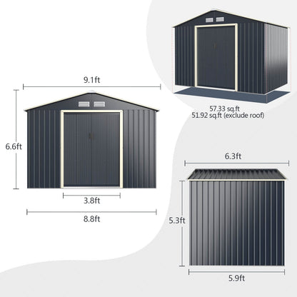 Goplus Abri de rangement en métal 9' X 6' Organisateur de bâtiment extérieur avec 4 aérations et double porte coulissante pour jardin, arrière-cour, ferme (9' X 6') 9' X 6' 