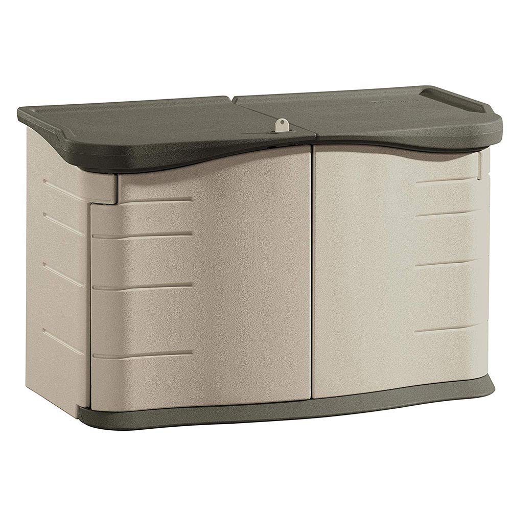 Rubbermaid Abri extérieur portable en résine à couvercle fendu avec couvercle verrouillable et sol résistant aux chocs, olive et grès 