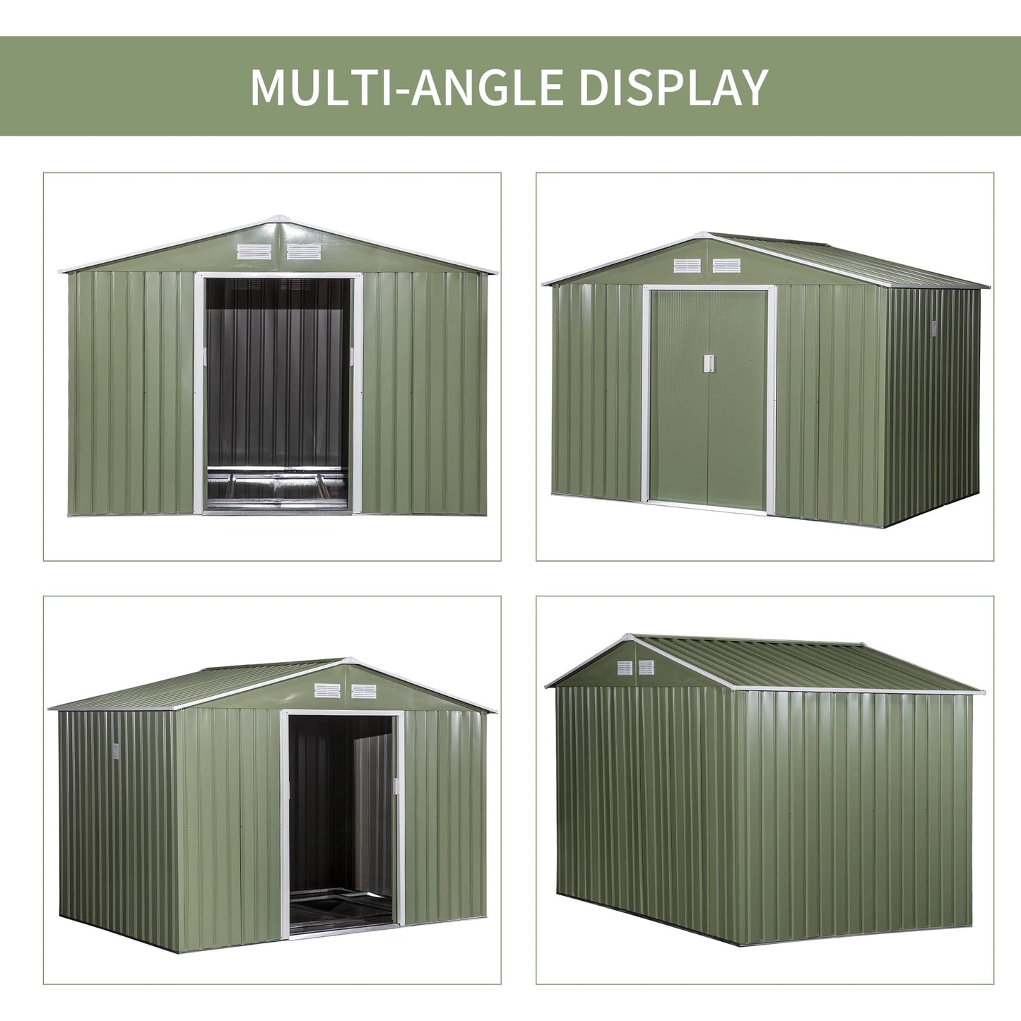 Outsunny 9' x 6' Metal Storage Shed, Garden Tool House with Floor Foundation, Double Sliding Doors, 4 Air Vents for Backyard, Patio, Lawn, Green 9' x 6'