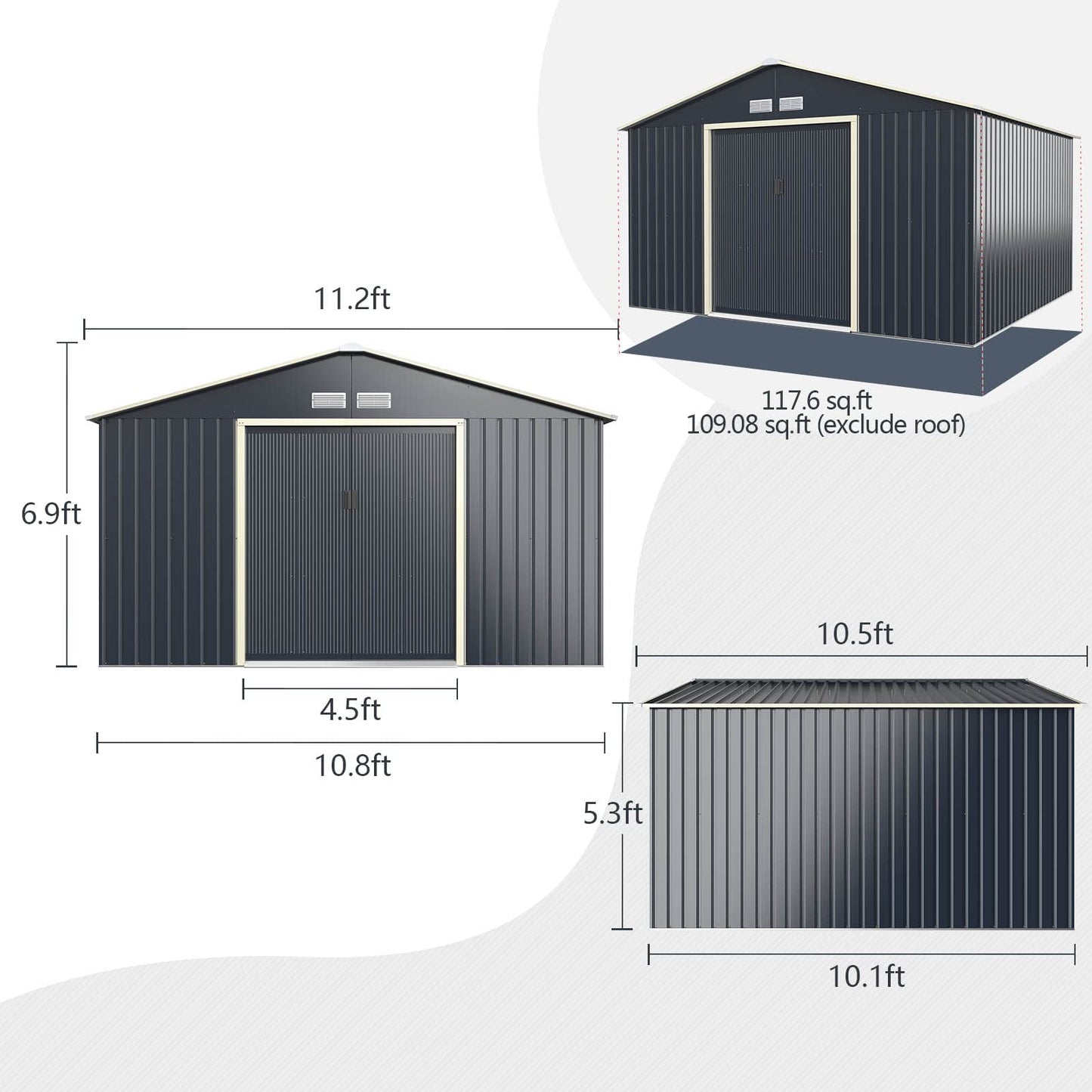 Goplus Abri de rangement en métal 11' X 10' Organisateur de bâtiment extérieur avec 4 aérations et double porte coulissante pour jardin, arrière-cour, ferme (11' X 10') 11' X 10' 