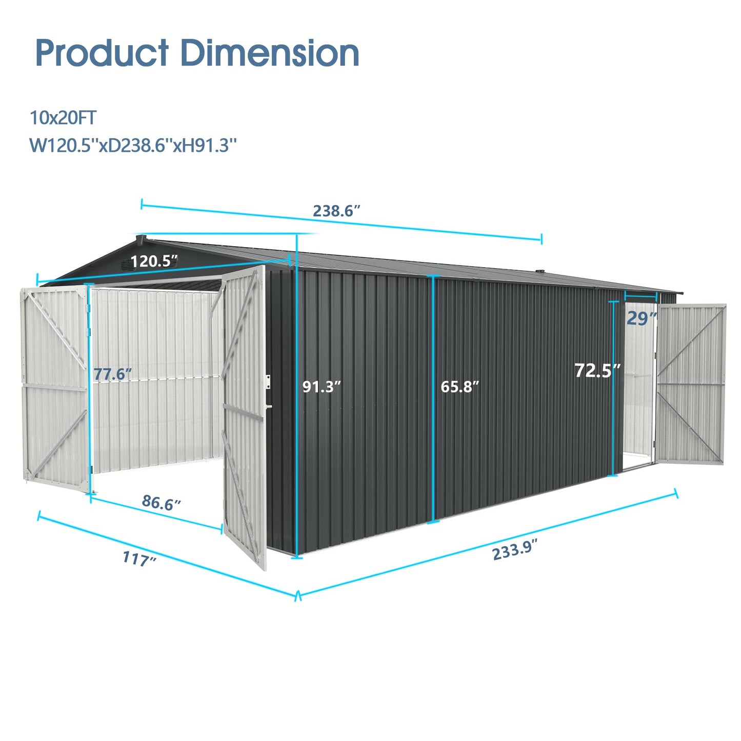 Chery Industrial 20'x10' Outdoor Storage Shed Galvanized Steel, Garden Shed with 4 Vents & Double Sliding Door, Utility Tool Shed Storage House for Backyard, Patio, Lawn(Dark Cool Grey) 20x10FT(Dark Cold Grey)