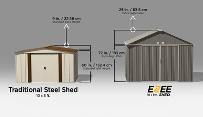 Arrow Hangar de rangement en acier à pignon très haut, 10 pi x 8 pi, EZEE Shed, charbon de bois 