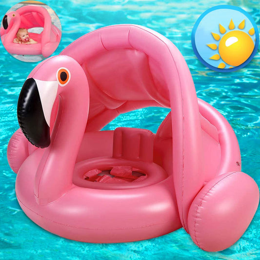 Flamingo Baby Swimming Ring with UPF 50+ Canopy Back Holder Never Flip, Inflatable Baby Pool Float Sunshade for Infant Kids Boys Girls Toddlers Summer Outdoor Beach Water Toys Pink