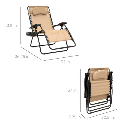 Best Choice Products Chaise Zero Gravity surdimensionnée, fauteuil inclinable de salon de terrasse extérieur pliant avec plateau d'accessoires pour porte-gobelet et oreiller amovible - Tan