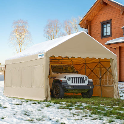 Quictent 13'X20' Abri d'auto anti-neige robuste, auvent de garage, auvent de voiture rétractable, tente de voiture, abri de bateau extérieur avec fenêtre amovible, kaki avec paroi latérale 