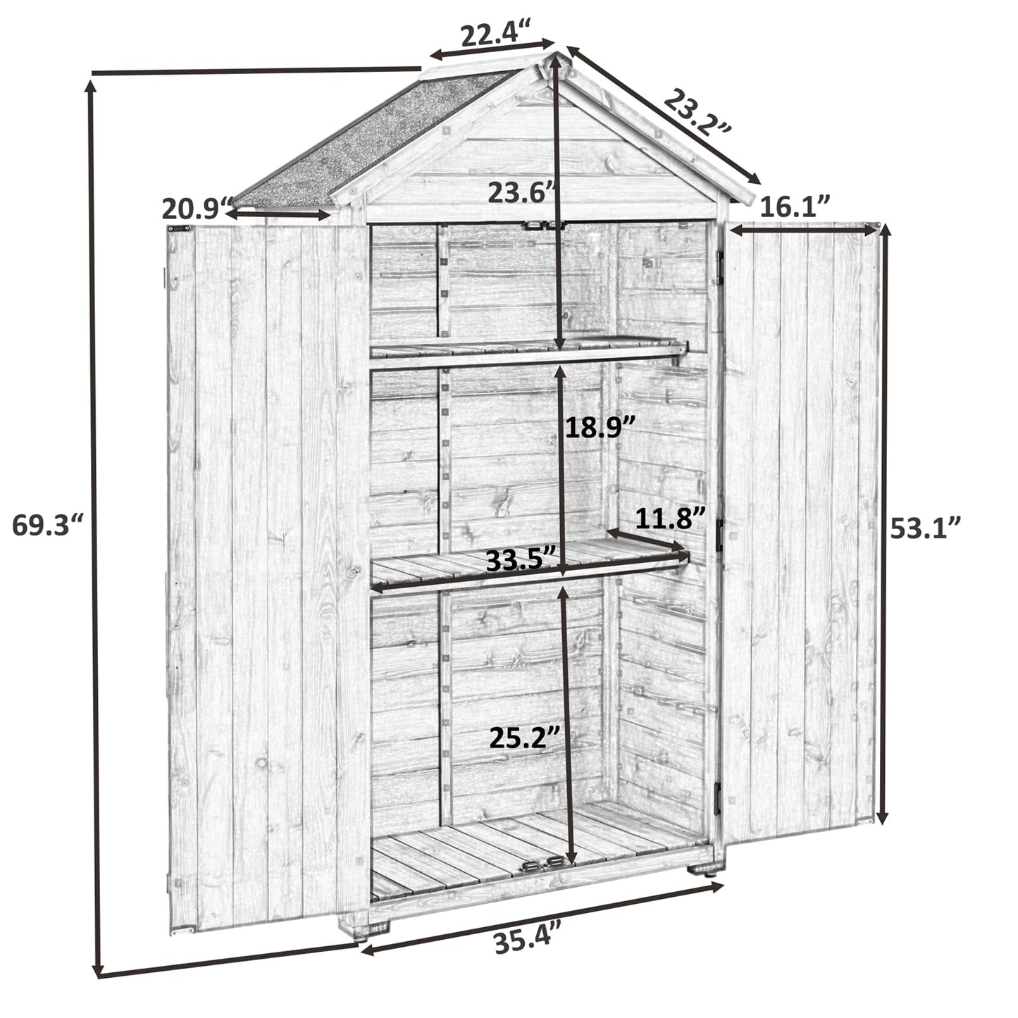 Outdoor Wooden Storage Cabinet Waterproof, Garden Tool Shed with 3-Tier Shelves, Outside Vertical Shed with 2 Double Doors & Adjustable Legs, Fir Wood, Lockable, Gray 35.4 x 22.4 x 69.3 Gray-3