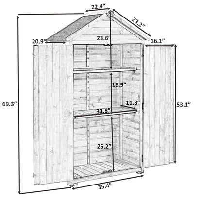 Outdoor Wooden Storage Cabinet Waterproof, Garden Tool Shed with 3-Tier Shelves, Outside Vertical Shed with 2 Double Doors & Adjustable Legs, Fir Wood, Lockable, Gray 35.4 x 22.4 x 69.3 Gray-3