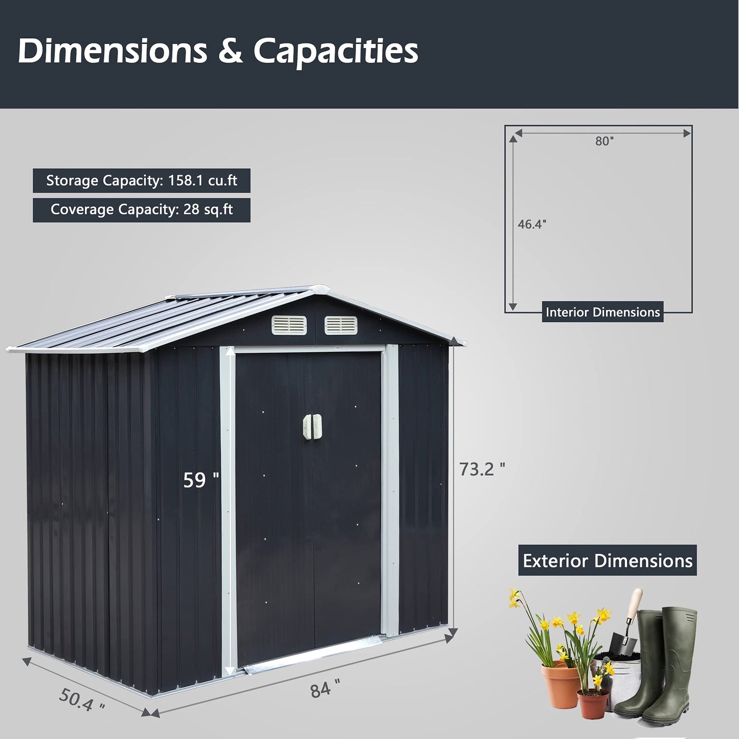 JAXSUNNY 4 x 7 FT Outdoor Metal Storage Shed w/ Floor Frame, Utility Tool Shed House for Patio Backyard Lawn Pool Equipment, Lawnmover Shed with Sliding Doors, 4 Vents & Apex Roof (Dark Grey) Dark Grey