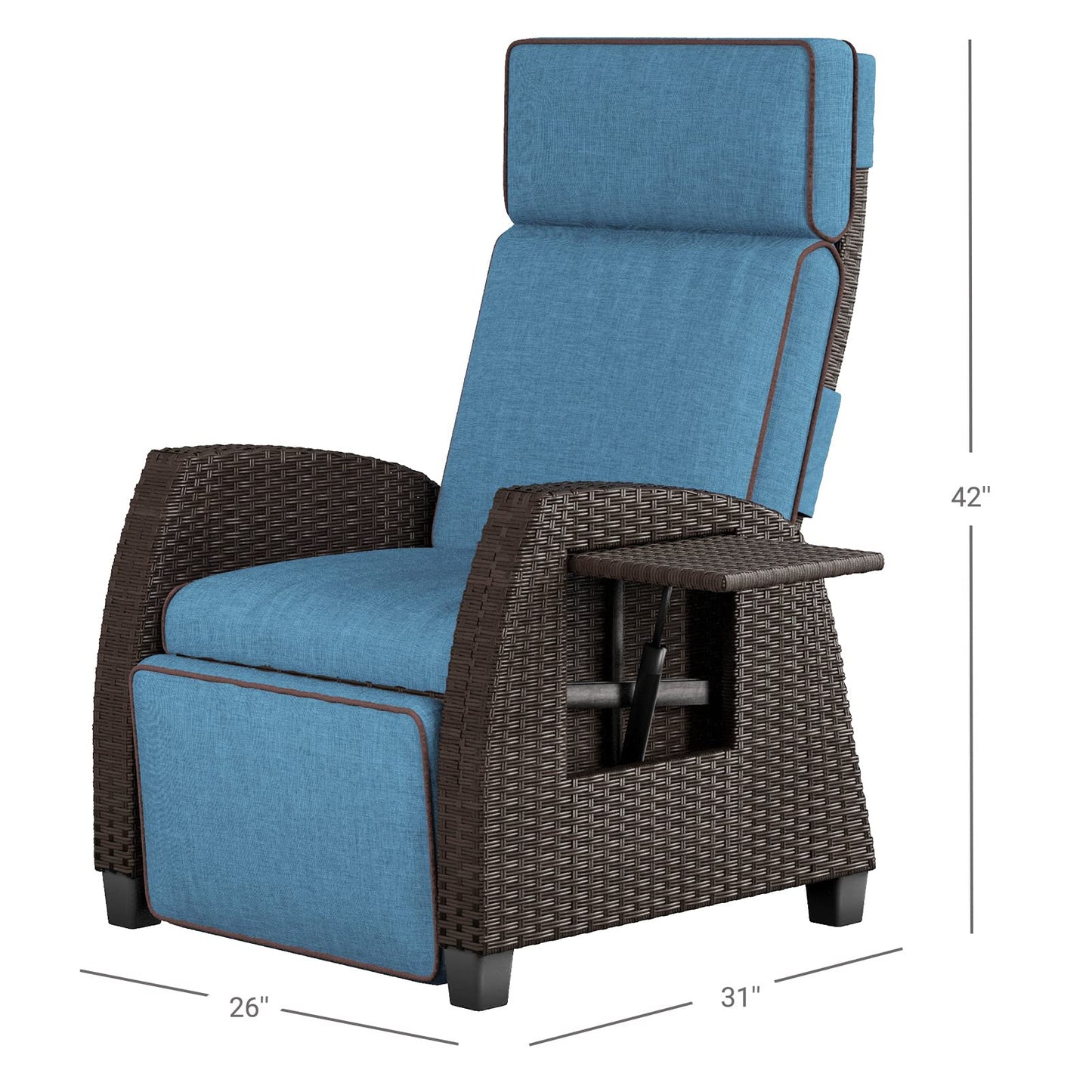 Grand patio Indoor & Outdoor Moor Recliner PE Wicker with Flip Table Push Back Reclining Lounge Chair, Peacock Blue 1 PCS