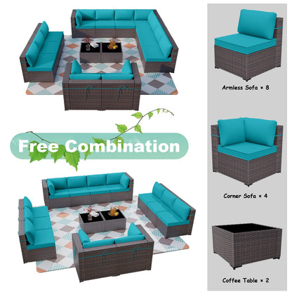 ALAULM 14 Pieces Sectional Sofa Sets Outdoor Patio Furniture - Blue Seat Cushions and 2 Coffee Tables