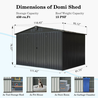 Domi Outdoor Storage Shed 10'x 8', Metal Garden Shed for Bike, Trash Can, Tools, Lawn Mowers, Pool Toys, Galvanized Steel Outdoor Storage Cabinet with Lockable Door for Backyard, Patio, Lawn… 10'x 8'