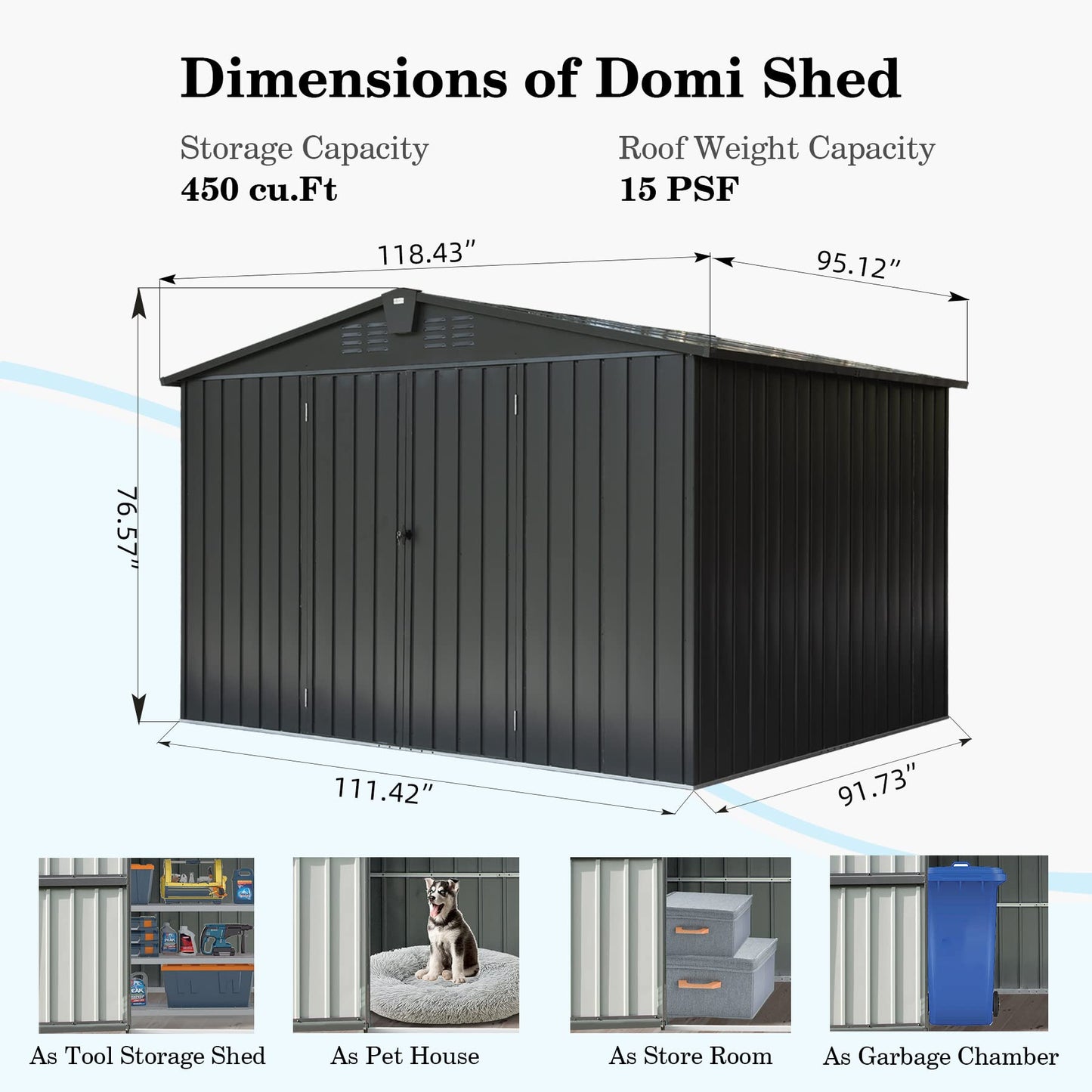 Domi Abri de rangement extérieur 10' x 8', abri de rangement utilitaire en acier métallique avec doubles portes verrouillables et bouches d'aération pour cour, patio, jardin, pelouse, gris foncé 10' x 8' 