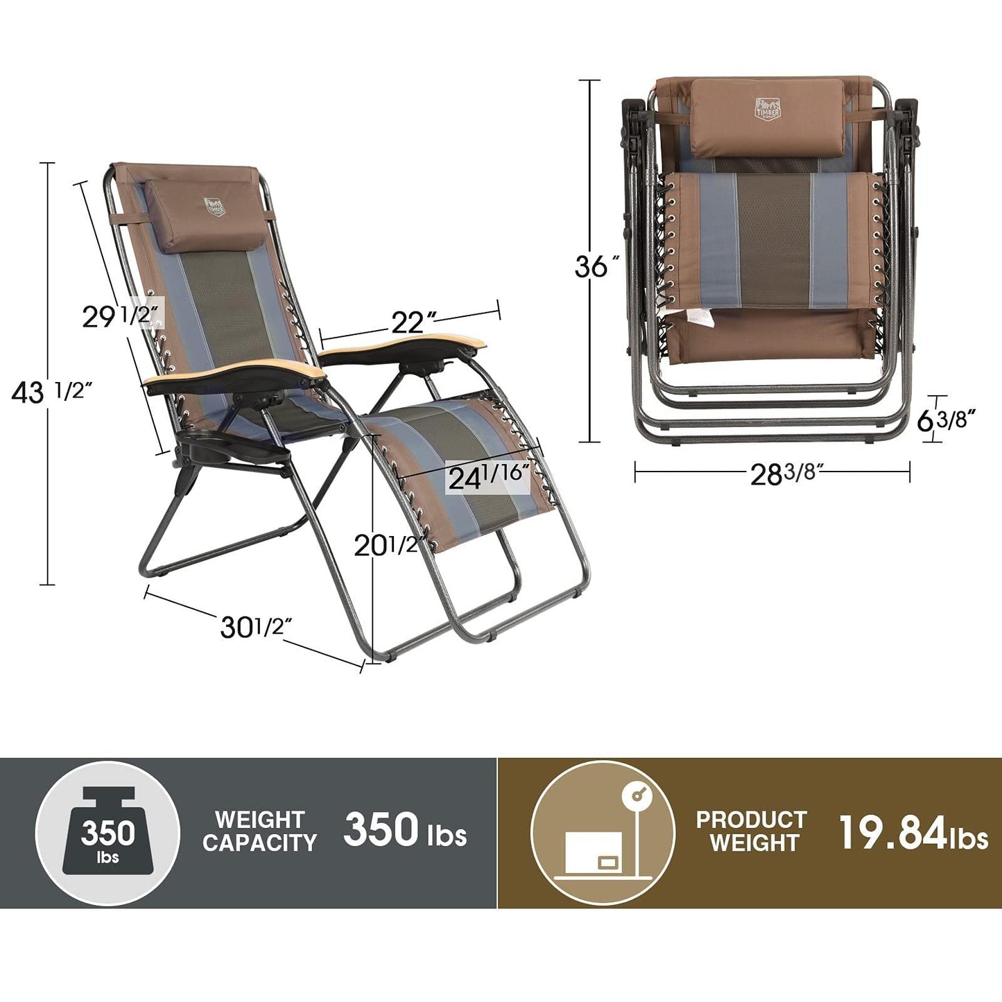 TIMBER RIDGE Oversized Zero Gravity Padded with Adjustable Headrest and Cup Holder Outdoor Recliner Chair XXL for Lawn, Camping, Patio, Support up to 350 LBS, Brown