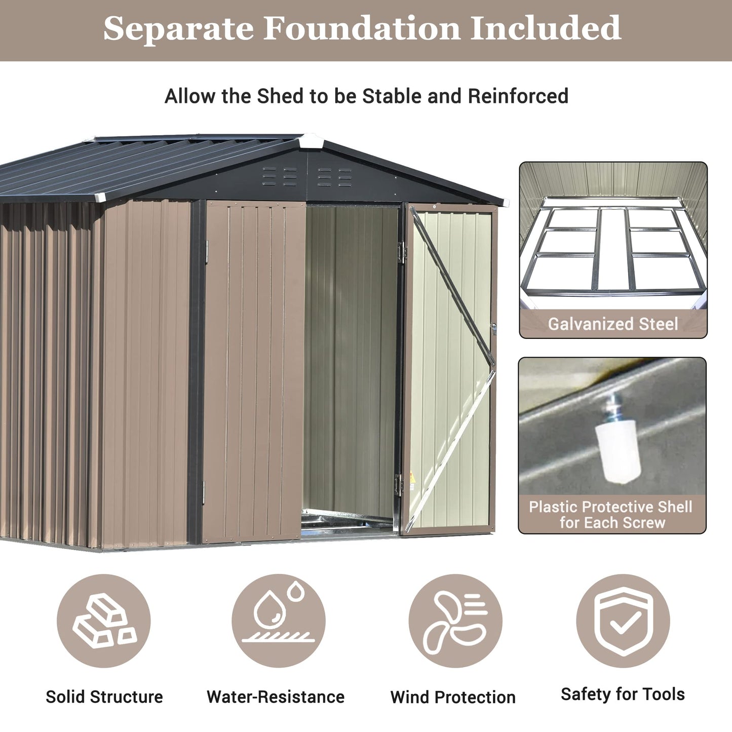 GLANZEND 8 x 6 Ft Metal Storage Shed, Garden Sheds with Air Vent and Lockable Door, Gable Roof with Vents, Outdoor Tool Cabinet for Backyard, Lawn, Patio, Brown Brown #1 8 x 6 Feet