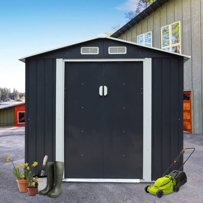 JAXSUNNY 4 x 7 FT Outdoor Metal Storage Shed w/ Floor Frame, Utility Tool Shed House for Patio Backyard Lawn Pool Equipment, Lawnmover Shed with Sliding Doors, 4 Vents & Apex Roof (Dark Grey) Dark Grey