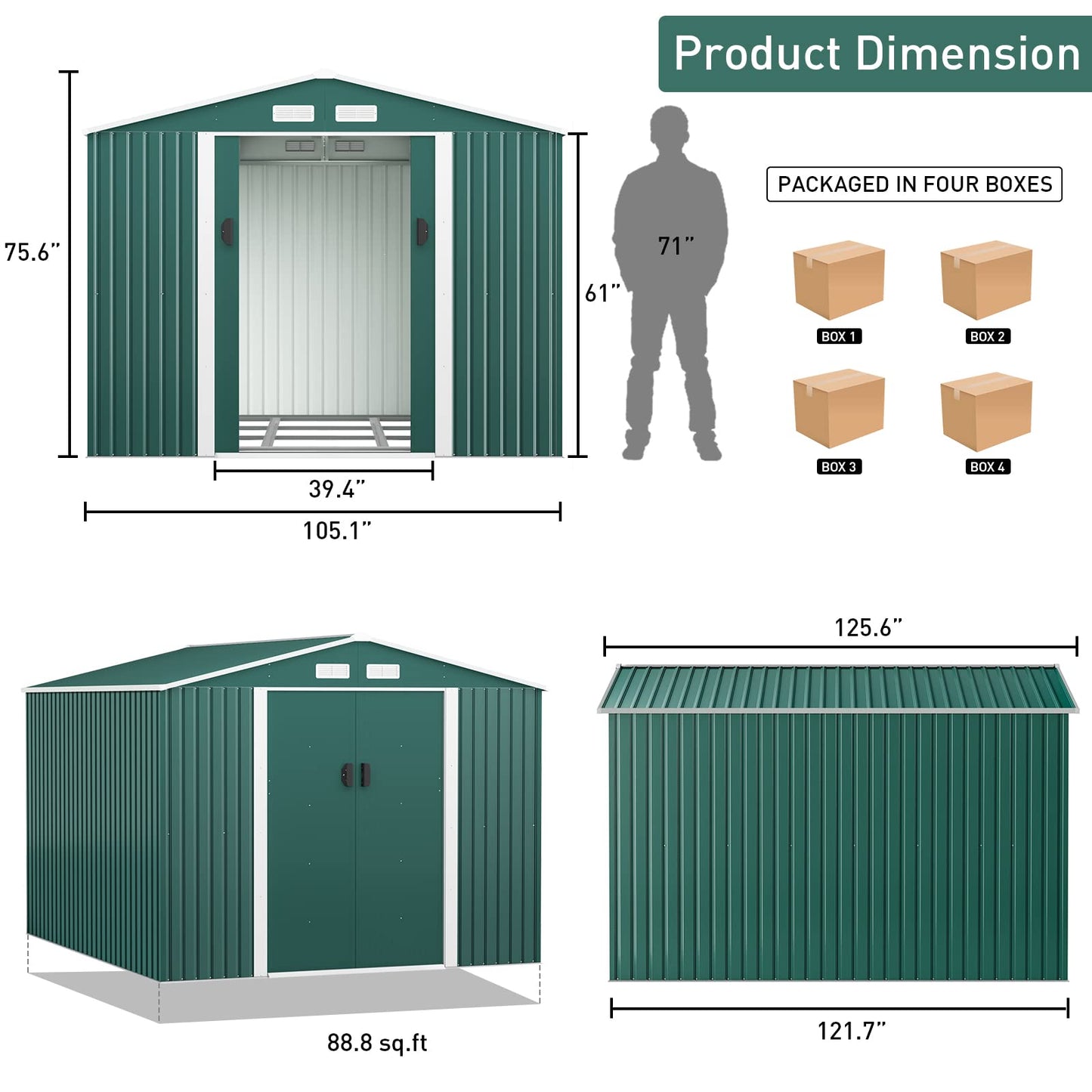 HOGYME Grand abri de rangement en métal de 10,5' x 9,1', abris de jardin et espace de rangement extérieur adapté aux outils de jardin, vélo, échelle de tondeuse à gazon, maison à outils utilitaire avec porte verrouillable/coulissante, 4 aérations, vert 