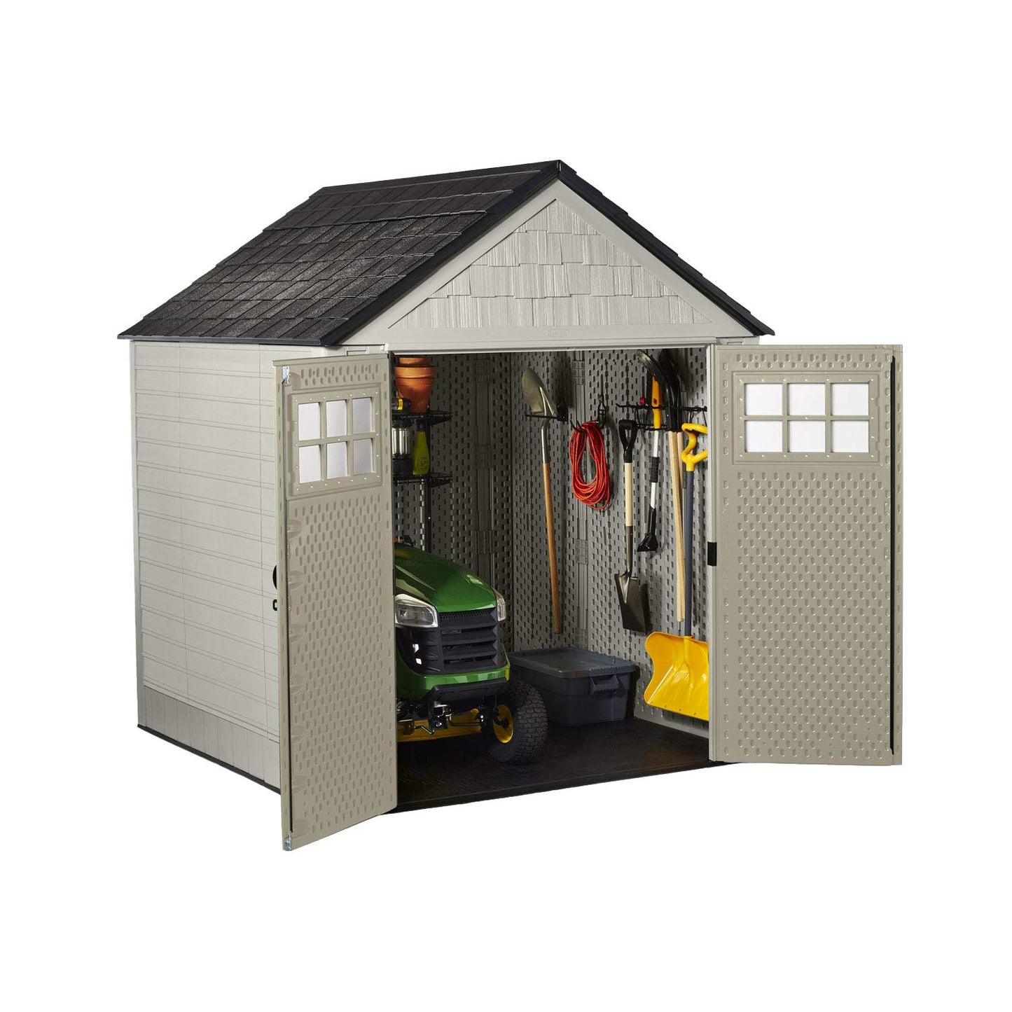 Rubbermaid 7 x 7 Feet Weather Resistant Resin Outdoor Storage Shed + 34 Inch Garden Tool & Sports Storage Rack for Sheds