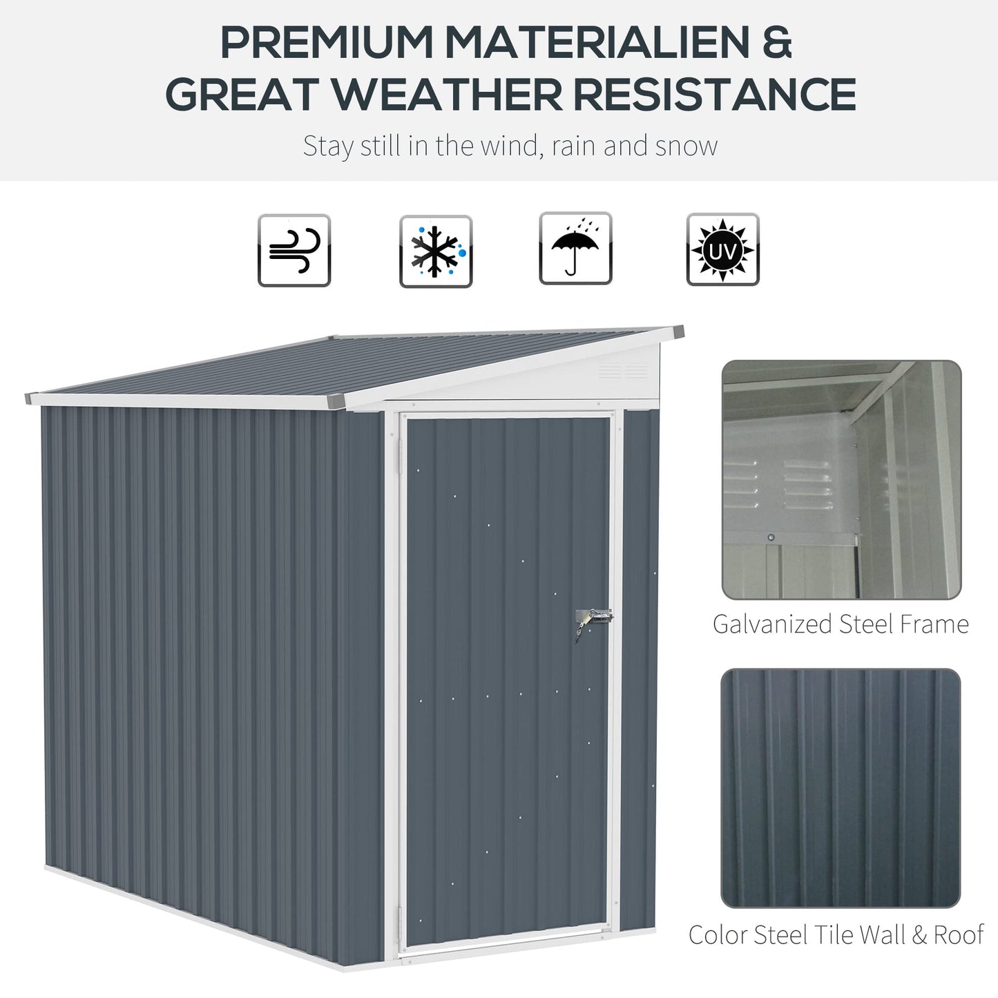 Outsunny 4' x 6' Steel Garden Storage Shed Lean to Shed Outdoor Metal Tool House with Lockable Door and 2 Air Vents for Backyard, Patio, Lawn 4' x 6'