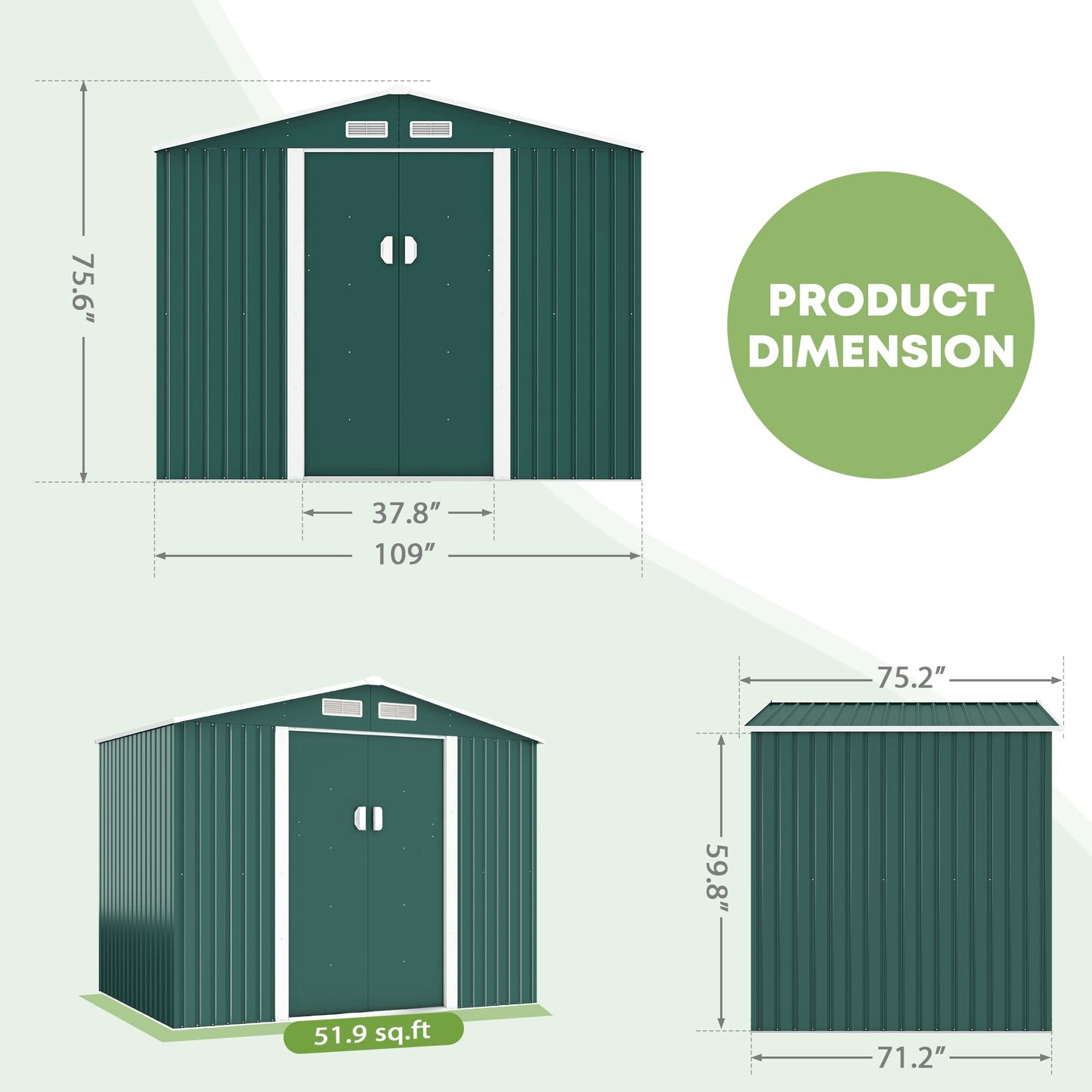 JAXPETY 6.3' x 9.1' Large Outdoor Garden Storage Shed, Backyard Steel Utility Tool Shed, Lawn Garage Building Organizer w/Sliding Door, Gable Roof, 4 Vents- Green