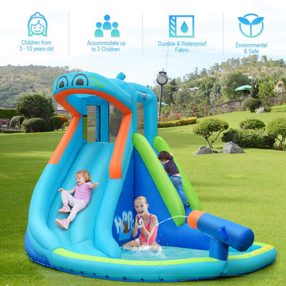 BOUNTECH Inflatable Water Slide, Hippo Themed Waterslide Park for Kids Backyard Outdoor Fun w/Long Slide, Splashing Pool, Blow up Water Slides Inflatables for Kids and Adults Party Gifts Hippo without Blower