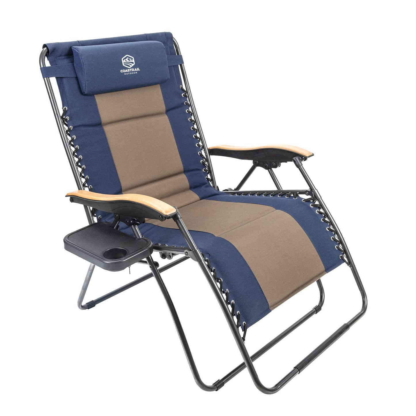 Coastrail Outdoor Zero Gravity Chair Wood Armrest XXL Camping Lounge Chair Patio Recliner Support 400lbs Padded Reclining Chair Folding Lawn Chair with Side Table Blue