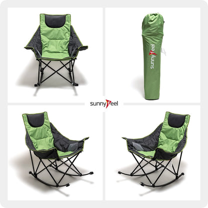 SUNNYFEEL Camping Rocking Chair, Oversized Folding Rocking Chairs with Luxury Padded Recliner & Pocket,Carry Bag, 300 LBS Heavy Duty for Lawn/Outdoor/Picnic/Patio, Portable Rocker Camp Chair (Green) Green