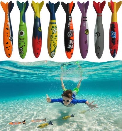 Haktoys Underwater Diving Torpedo Bandits, Swimming Pool Toy 5” Sharks Glides Up to 20 Feet Fun Water Games for Boys and Girls (Set of 8 Pieces) Multicolor Torpedoes