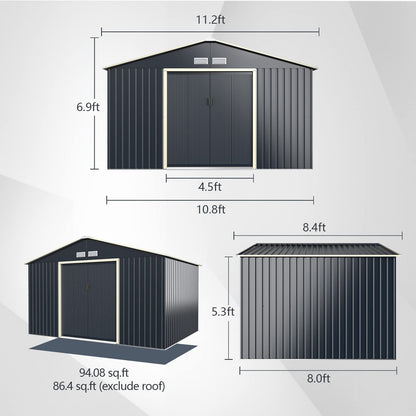 Goplus Abri de rangement extérieur 11' X 8' Abri de jardin en métal avec 4 aérations et double porte coulissante, abri de rangement utilitaire pour jardin, patio, pelouse 11' X 8' 