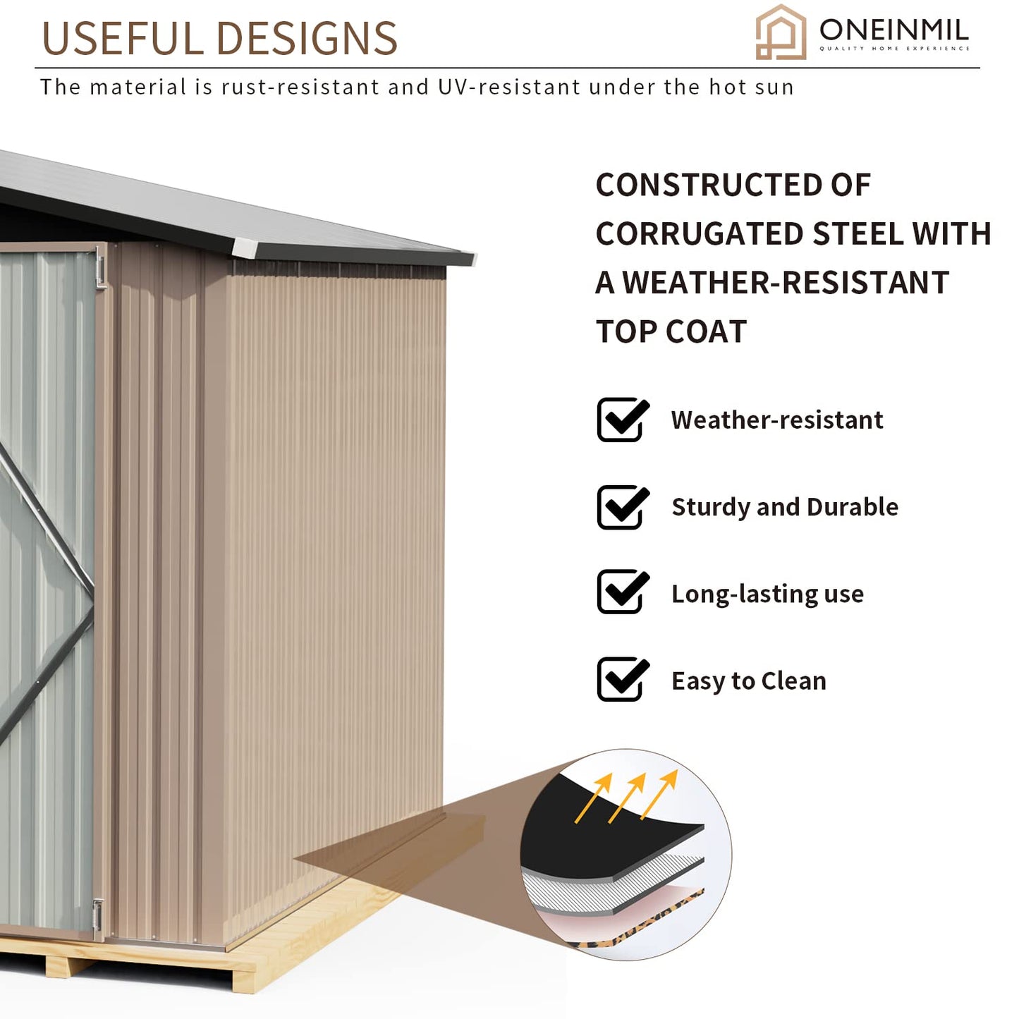 oneinmil Storage Shed 8'x10' Outdoor Garden Storage Shed, Galvanized Steel Metal Garden Shed with Air Vent and Hinged Door Utility Tool Storage House for Garden, Backyard, Patio, Lawn Brown 8x10ft