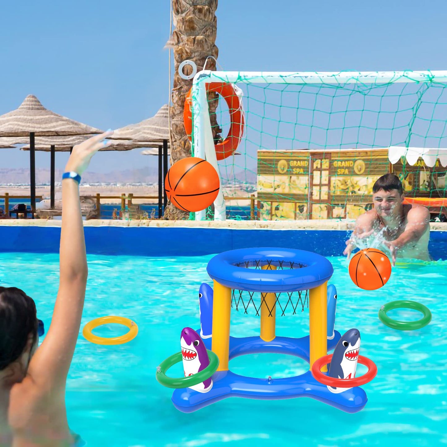 2-in-1 Pool Toys Games Set, Inflatable Pool Basketball Hoop & Ring Toss Game, Summer Pool Floats Water Toys for Kids Adults Family, Pool Accessories for Boys Girls
