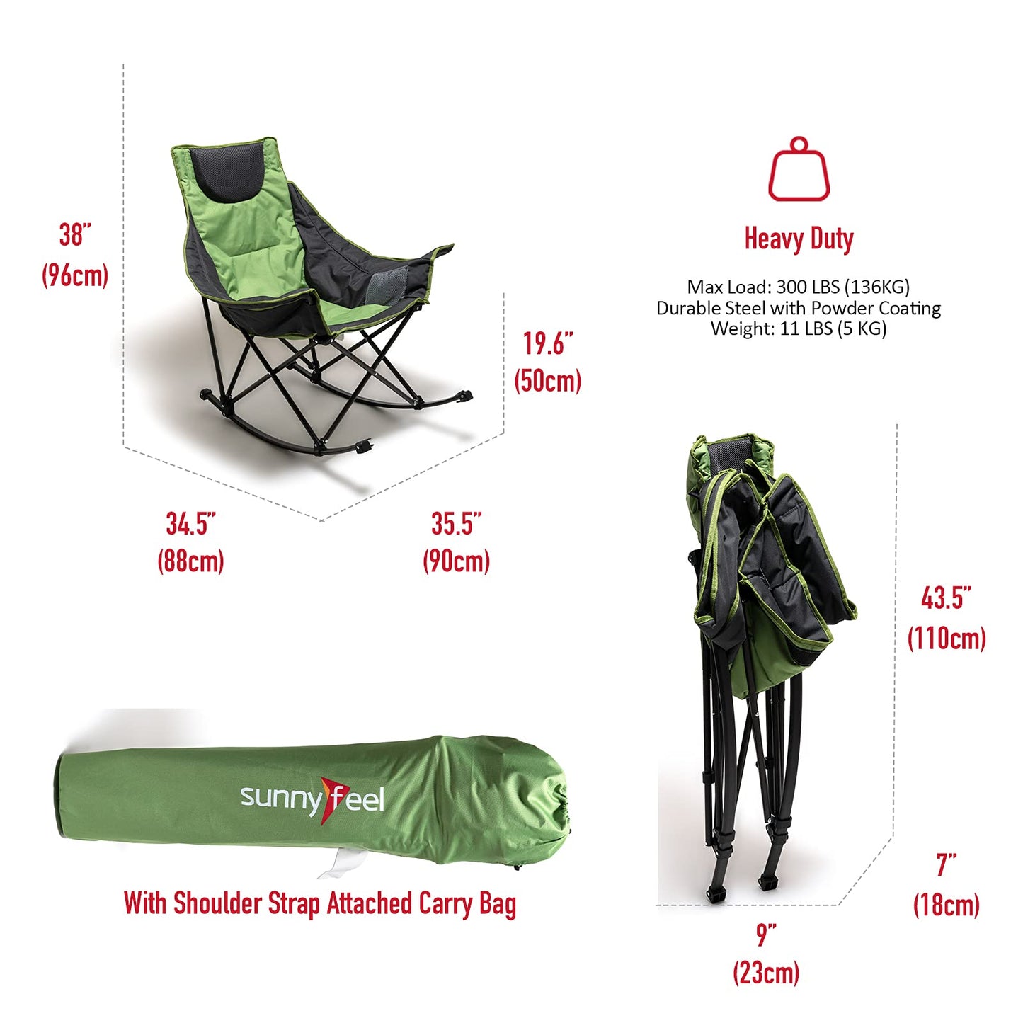 SUNNYFEEL Camping Rocking Chair, Oversized Folding Rocking Chairs with Luxury Padded Recliner & Pocket,Carry Bag, 300 LBS Heavy Duty for Lawn/Outdoor/Picnic/Patio, Portable Rocker Camp Chair (Green) Green