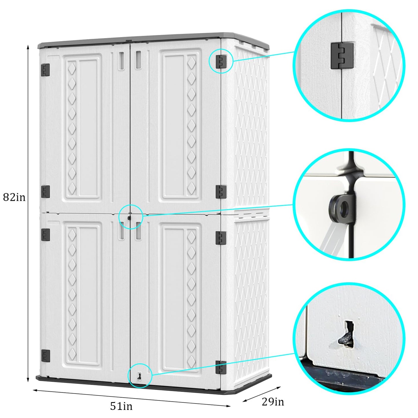 HOMSPARK Outdoor Storage Shed, 53 Cu.ft Outdoor Storage Cabinet with Lockable Doors, Double Layer Resin Vertical Storage shed for Garden, Patio, Backyard, 4×2.5×6.6 FT Grey roof,white wall,Black floor