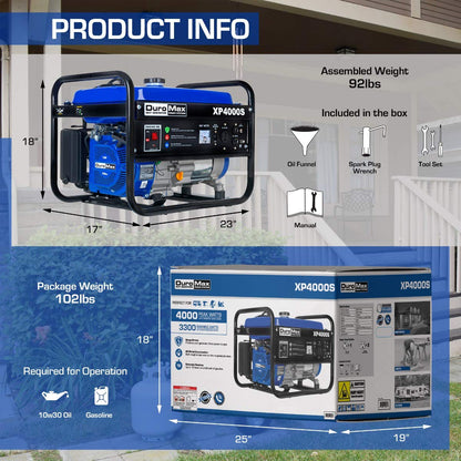 DuroMax XP4000S Portable Generator-4000 Watt Gas Powered Camping & RV Ready, 50 State Approved 4,000-Watt Gas