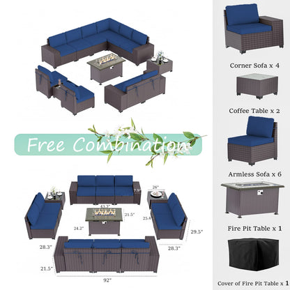 ALAULM 13 Pieces Outdoor Patio Furniture Set with Propane Fire Pit Table Outdoor Sectional Sofa Sets