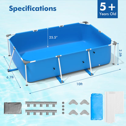 Goplus Frame Swimming Pool, 10ft x 6.7ft x 30in Rectangular Above Ground Pools W/Steel Frame, Pool Cover, Easy Setup & Drainage, Family Pool for Backyard, Garden,Patio, Balcony (Blue) Blue